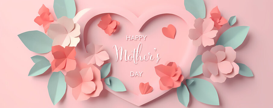 Sweet paper background in origami style paper flowers and hearts. Happy mother's day theme. Generative AI.