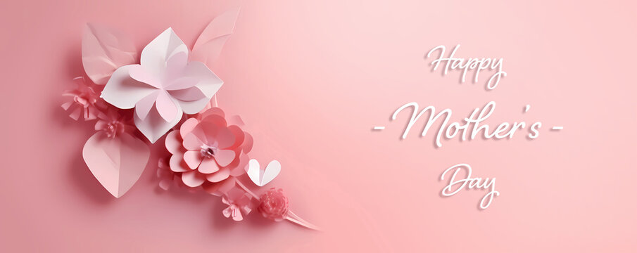 Sweet paper background in origami style pink paper card and hearts. Happy mother's day theme. Generative AI.