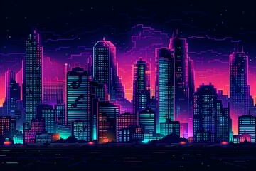 Fototapeta na wymiar Night city with tall buildings in neon colors in pixel style. Generative AI
