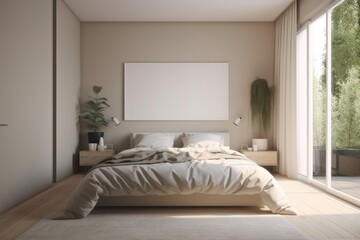 Staged Primary Bedroom Interior with Blank Large Photo Frame Mockup Made with Generative AI