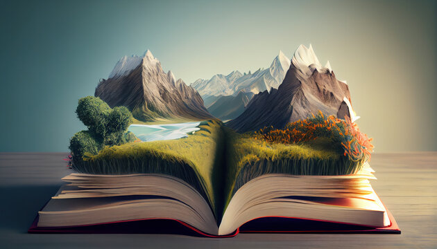 Open book generating a marvelous fantastic landscape. AI generated