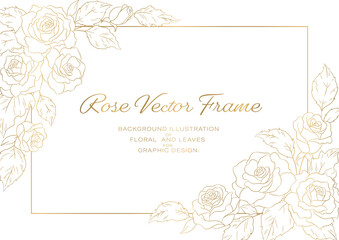 Fototapeta 薔薇の花のイラストを装飾したフレーム, カードのテンプレート素材, 白背景に金色の線画. obraz