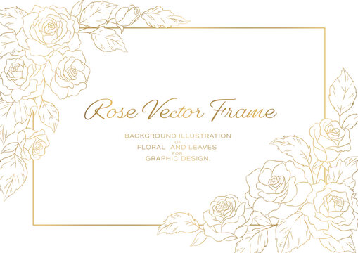 薔薇の花のイラストを装飾したフレーム, カードのテンプレート素材, 白背景に金色の線画.