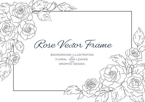 薔薇の花のイラストを装飾したフレーム, カードのテンプレート素材, 白背景に黒色の線画.