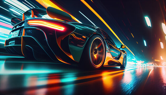 Fast supercar driving at high speed, with stunning neon lights city glowing in the background. Motion blur effect speed © ArtStage