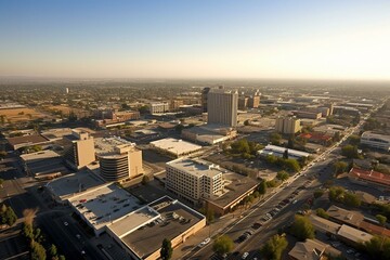 Fototapeta na wymiar Afternoon aerial skyline view of downtown Bakersfield, California, USA. Generative AI