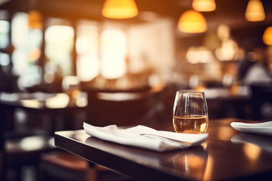 Table closeup in a restaurant blurred background. Generative AI