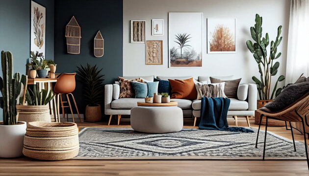 Stylish and modern boho inspired living room. AI