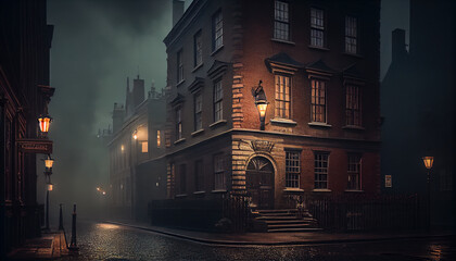 Victorian London on a moody evening with gas lights. Al generated - obrazy, fototapety, plakaty