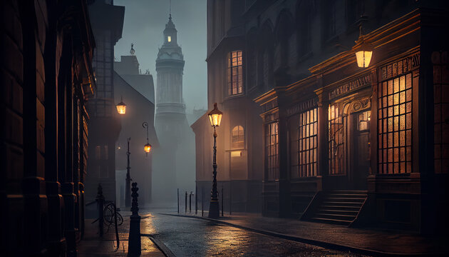 Victorian London on a moody evening with gas lights. Al generated