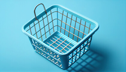 Top view of supermarket shopping basket on light blue. AI
