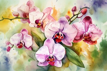Background with watercolor orchid flowers. Generative AI