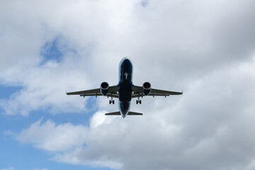 Fototapeta na wymiar Landing of a passenger plane against the sky