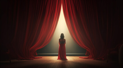 Young woman opening red stage curtain and looking at light coming from behind.generative ai