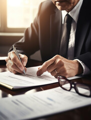 Businessman signing a document after reading the agreement in office