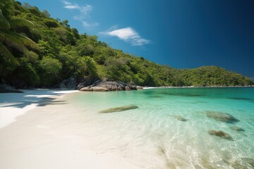 Beautiful tropical beach with white sand, palm trees,  turquoise ocean against blue sky with clouds on sunny summer day. Perfect landscape background for relaxing vacation, island of Maldives.