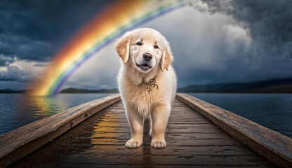Puppy Crossing Over the Rainbow Bridge in Heaven - Ai Generative - obrazy, fototapety, plakaty