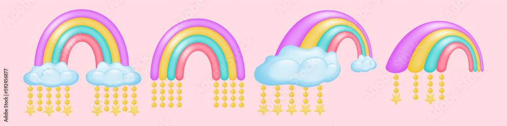 Poster set of fabulous 3d colorful rainbows. a bright rainbow with and without voluminous clouds in differe