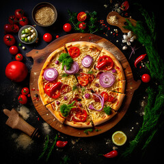 Obraz na płótnie Canvas Pizza Margherita on wooden board with ingredients on dark background, created using generative ai technology