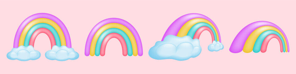 Set of colorful 3D rainbows in different positions. Cute bright rainbow and fluffy clouds. Perfect for kids designs, social media graphics and more. Vector illustration.