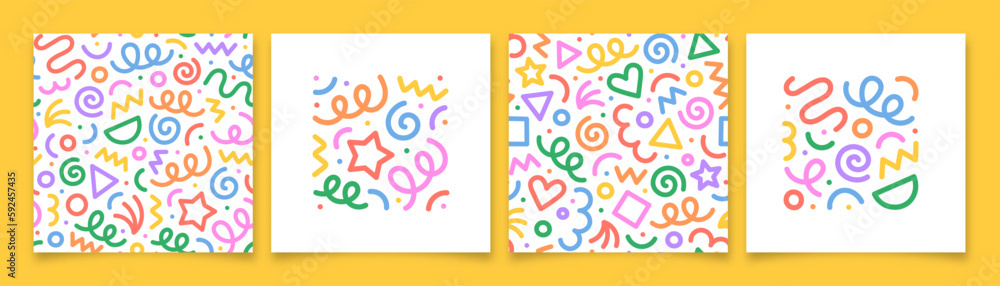 Poster Fun colorful line doodle seamless pattern. Creative minimalist style art background for children or trendy design with basic shapes. Simple party confetti texture, childish scribble shape backdrop.