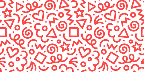 Fun red line doodle seamless pattern. Creative abstract style art background for children or trendy design with basic shapes. Simple childish scribble wallpaper print.