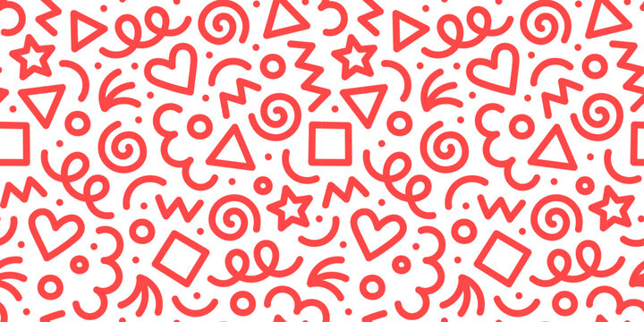 Fun red line doodle seamless pattern. Creative abstract style art background for children or trendy design with basic shapes. Simple childish scribble wallpaper print.