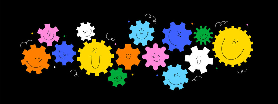Diverse colorful cog wheel character illustration set. Multi color rainbow cartoon machine gear collection in funny children doodle style. Friendly team work or group engine concept.