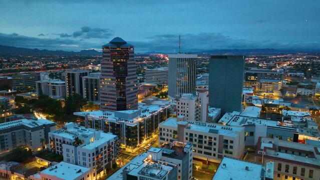 Tucson modern skyscrapers at sunset including One South Church, Bank of America Plaza and Pima County Legal Services Building on Stone Avenue in downtown Tucson, Arizona AZ, USA. 