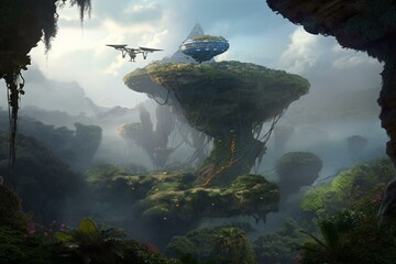 Flying Island on Planet Pandora Avatar movie. Generative AI
