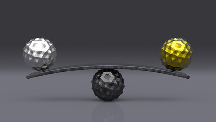 Balancing black and gold balls placed on weighing scales, abstract geometric regular sprung shapes isolated on black Gradient background, Statistics chart, balance concept - 3d illustration
