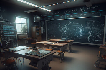 futuristic school classroom with augmented reality - obrazy, fototapety, plakaty