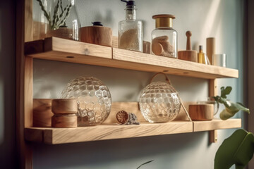 Obraz na płótnie Canvas bathroom wooden shelves with glass bowls and bottles, generative ai