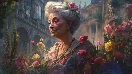 Elder woman illustration with flowers and palace reflecting the concept of the earth mother day made with generative AI