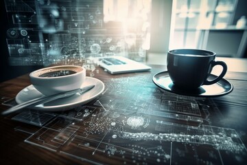 Double exposure of technology theme drawing and desktop with coffee and items on table background. Concept of data research. Generative AI