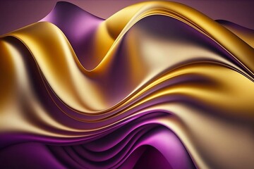 Abstract 3D Wave with Gold and Purple Gradient Silk Fabric Background. AI