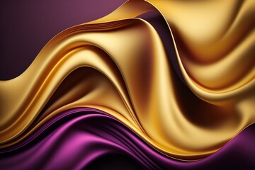 Abstract 3D Wave with Gold and Purple Gradient Silk Fabric Background. AI