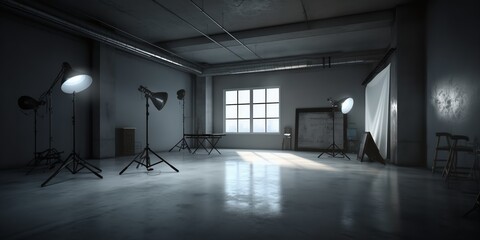 Empty studio with lights on white wall. Copy space for text or mock-up. Photo studio with modern interior and lighting equipment. Generative AI