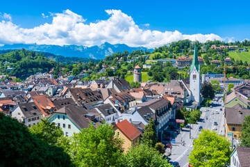 City of Feldkirch, State of Vorarlberg, Austria. View from the Schattenburg onto the City