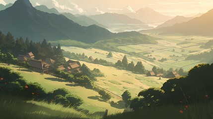 The tranquil ambiance of a Japanese rural village is conveyed through this anime illustration, where you can see villagers going about their daily lives, farming, and engaging in traditional crafts.