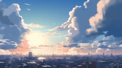 Obraz premium The horizon view of a Japanese city in anime is a beautiful contradiction of old and new. 