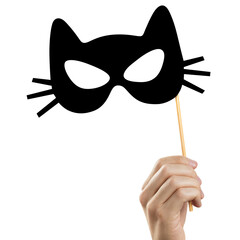 Hand holding a cat black mask on a wooden stick, cut out