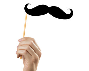 Hand holding moustache on a stick, cut out