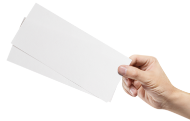 Male hand holding two blank sheets of paper (tickets, flyers, invitations, coupons, banknotes, etc.), cut out