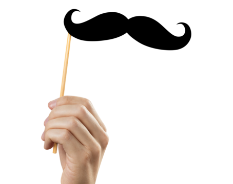Hand holding moustache on a stick, cut out