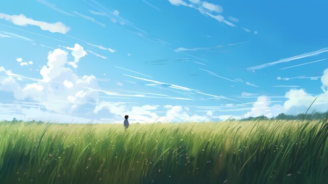 The grass field with a blue sky illustration depicts a peaceful, serene countryside scene