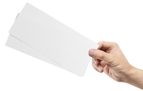 Male hand holding two blank sheets of paper (tickets, flyers, invitations, coupons, banknotes, etc.), cut out
