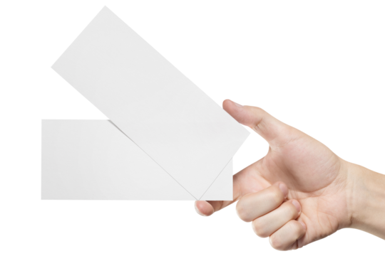 Male hand holding two blank sheets of paper (tickets, flyers, invitations, coupons, banknotes, etc.), cut out