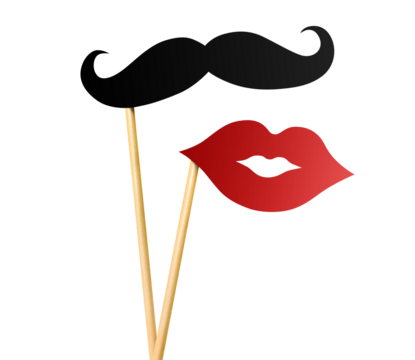 Hand holding paper lips and moustache on wooden sticks, cut out