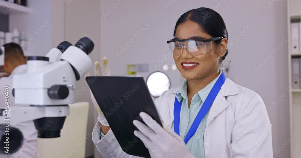 Aufkleber tablet, research and science woman in laboratory, microscope data analysis and biotechnology for med